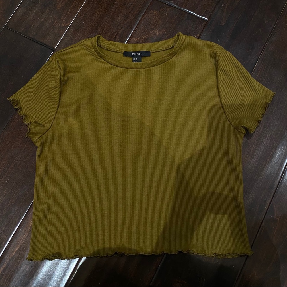 Olive Green Ribbed Lettuce Edge Crop Top